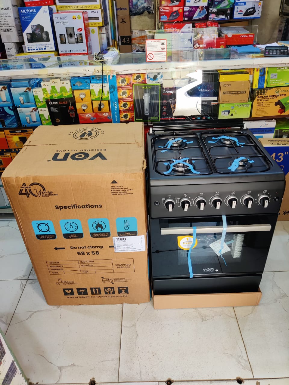 VON Cooker 4 Gas with WOK BURNER+ Electric oven VAC6FE40UK