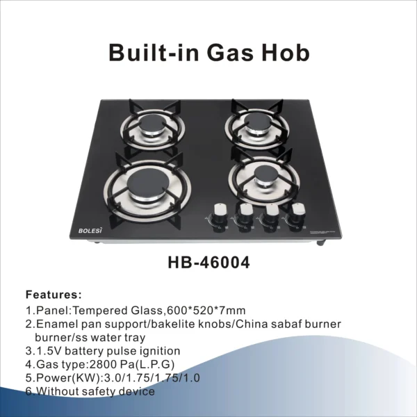 Bolesi built in hob cooker 4 gas burner tampered glass - Image 2